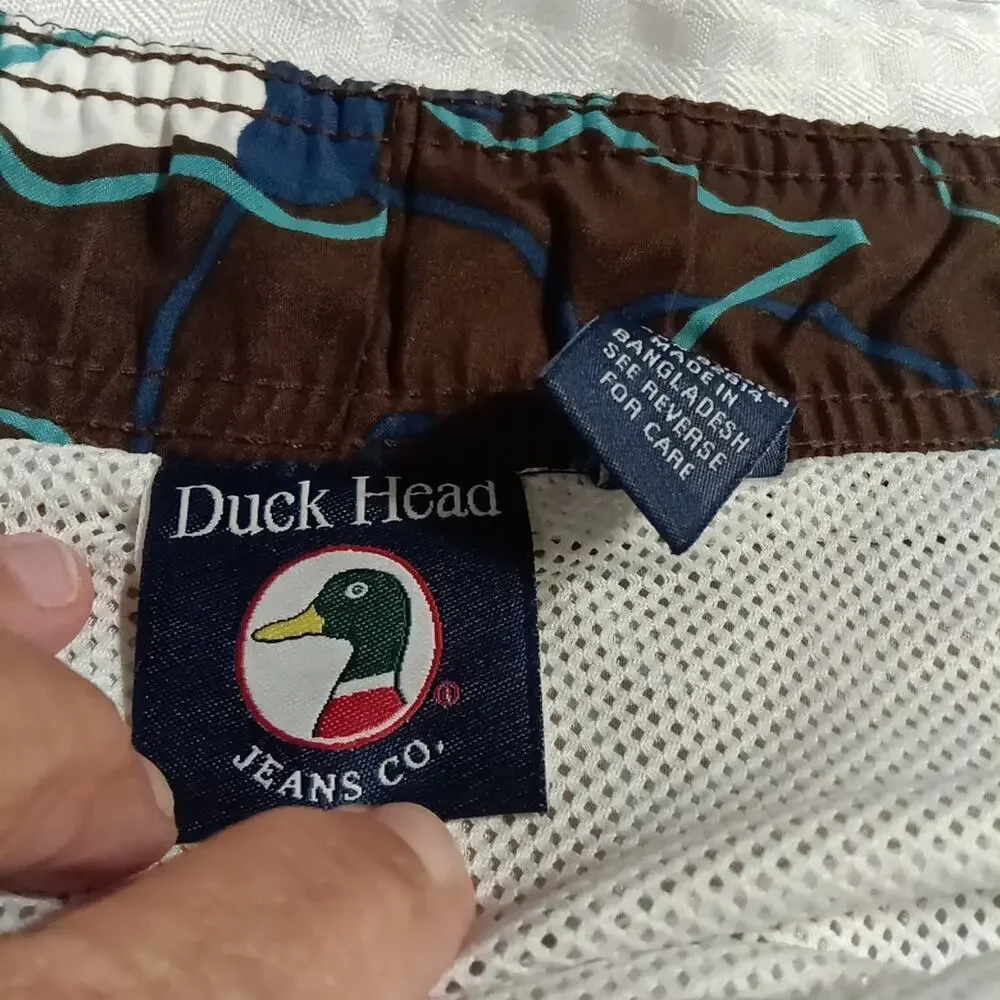 VTG Duck Head Mens L Blue Brown Hawaiian Floral Swim Trunks Board Shorts Mesh...